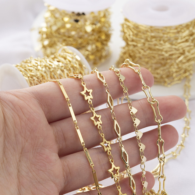 1M Brass Gold Plated Krinkle Chain Bulk Star Heart Chain Supplies